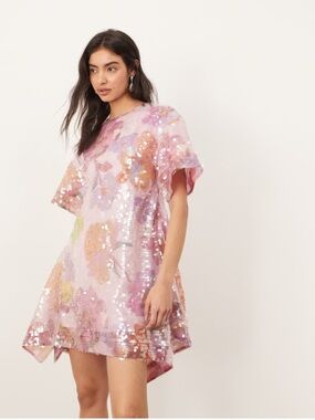 Sequin Floral Short Sleeve Dress - Pink